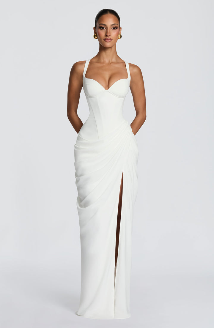 Draped Corset Bodice Maxi Dress Side Slit White 2