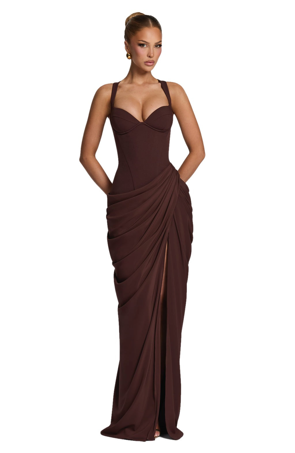 Draped Corset Bodice Maxi Dress Side Slit on white