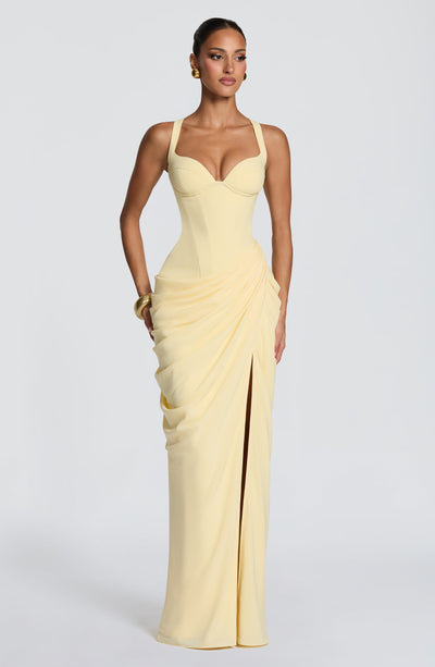 Draped Corset Bodice Maxi Dress Side Slit Yellow 1