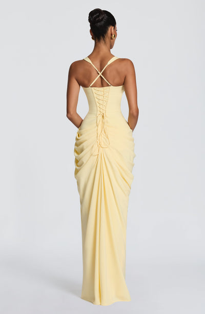 Draped Corset Bodice Maxi Dress Side Slit Yellow 3