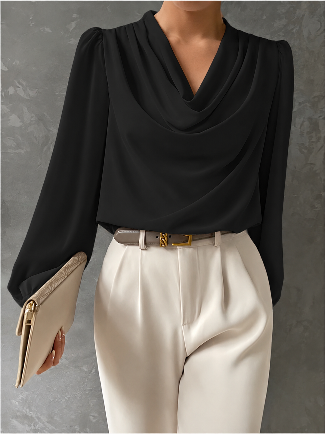 Draped Cowl Neck Blouse Blouson Sleeves Black 1
