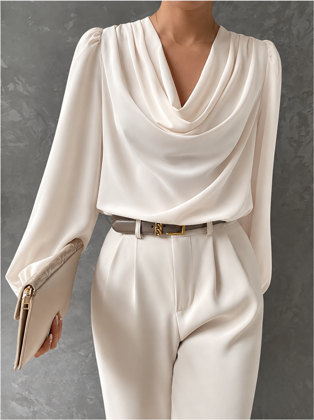 Draped Cowl Neck Blouse Blouson Sleeves Eggshell 1