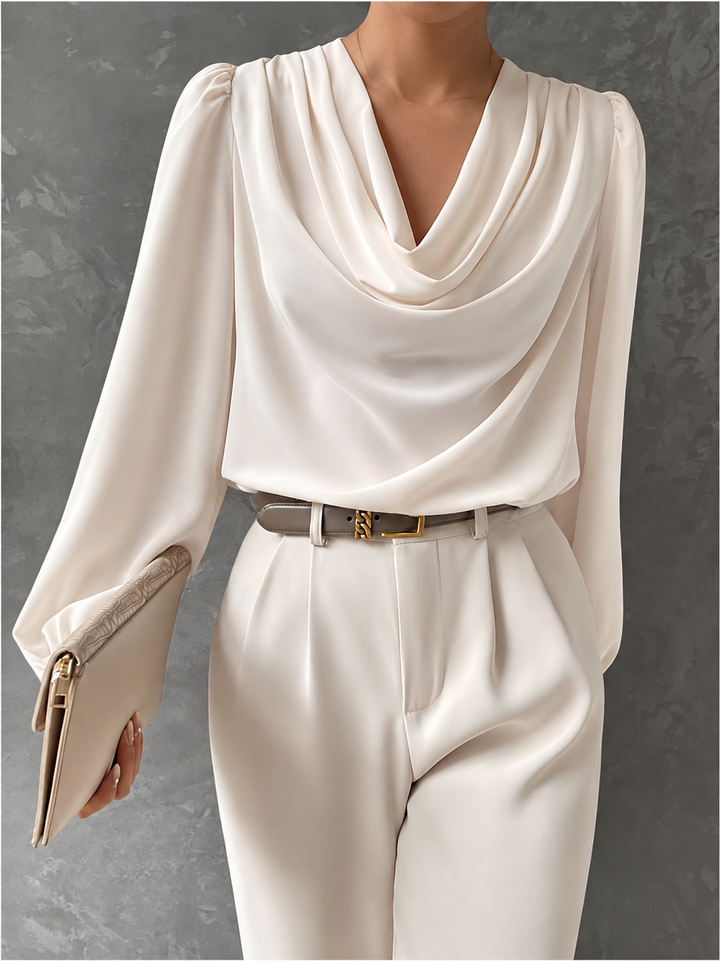 Draped Cowl Neck Blouse Blouson Sleeves Eggshell 1