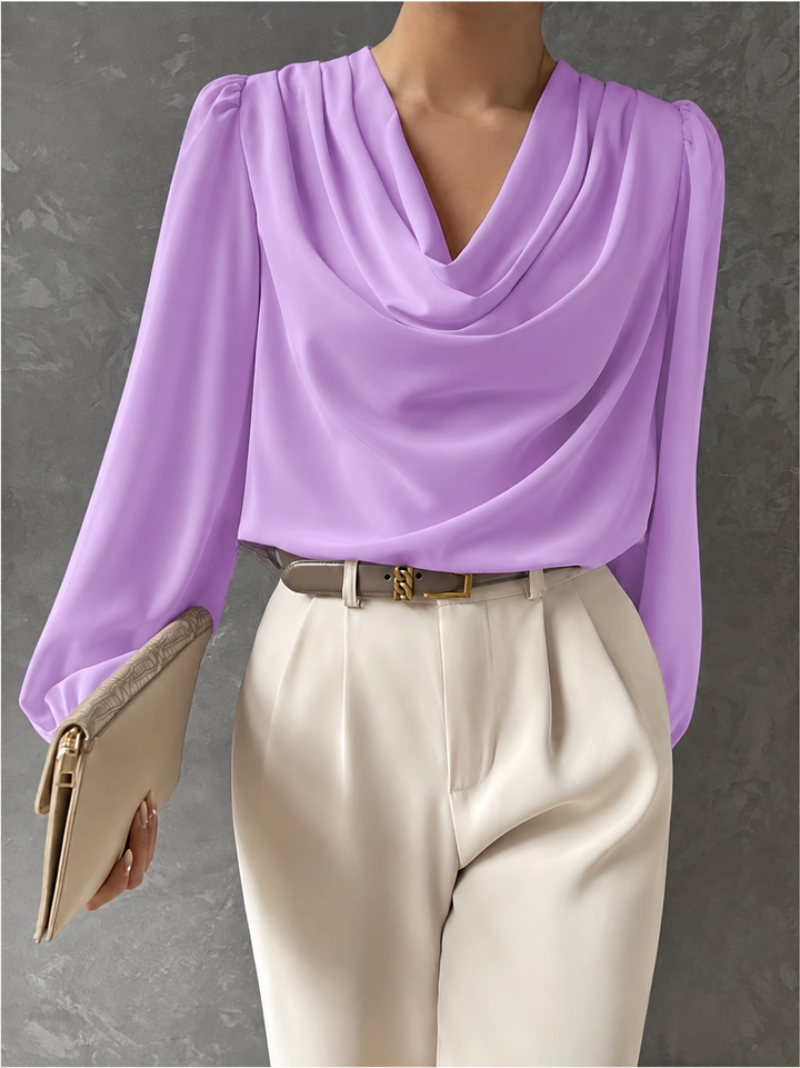 Draped Cowl Neck Blouse Blouson Sleeves Lavender 1