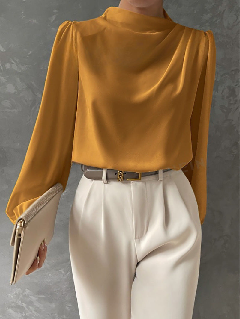 Draped Cowl Neck Blouse Blouson Sleeves Mustard 1