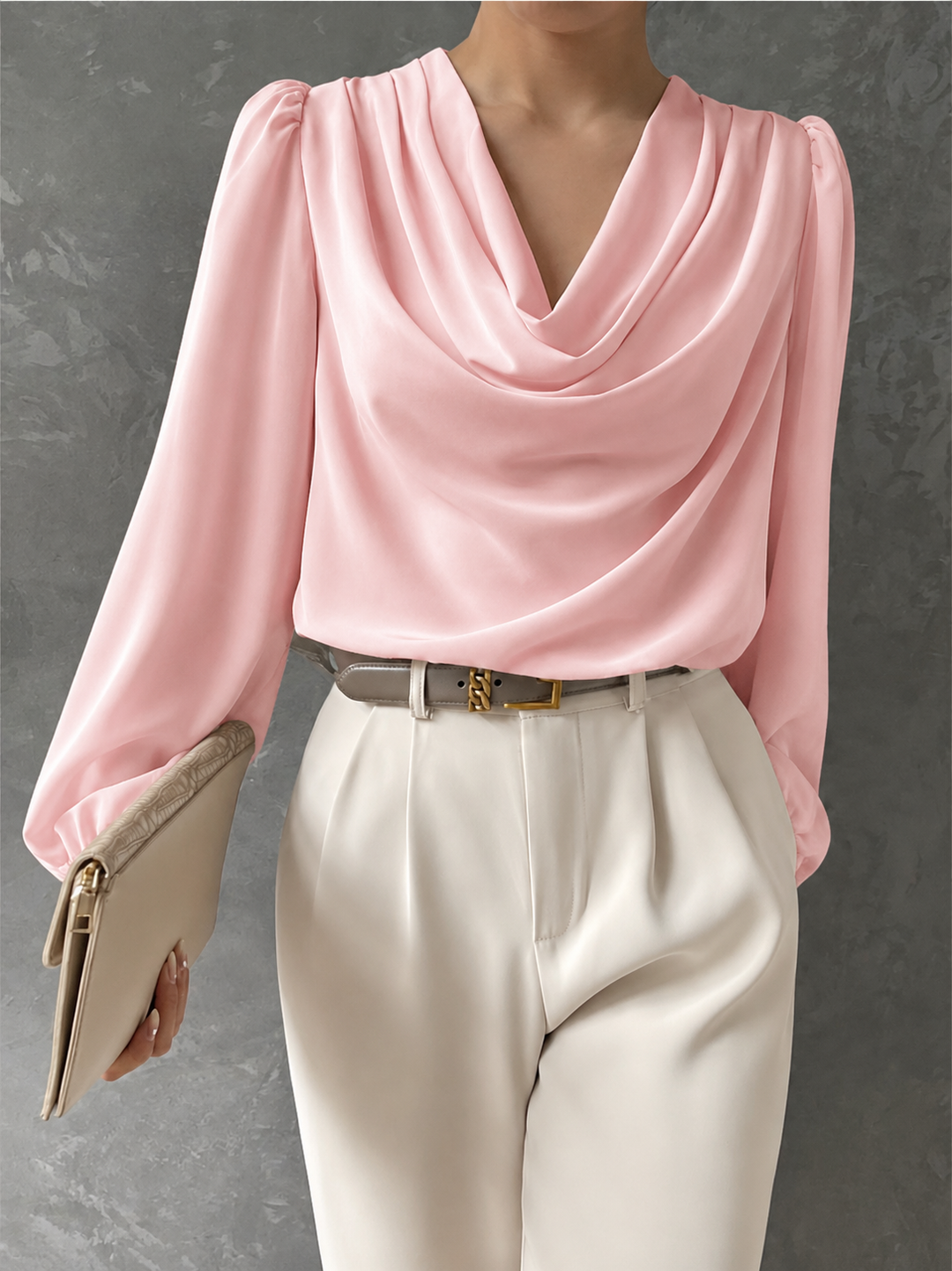 Draped Cowl Neck Blouse Blouson Sleeves Pink 1