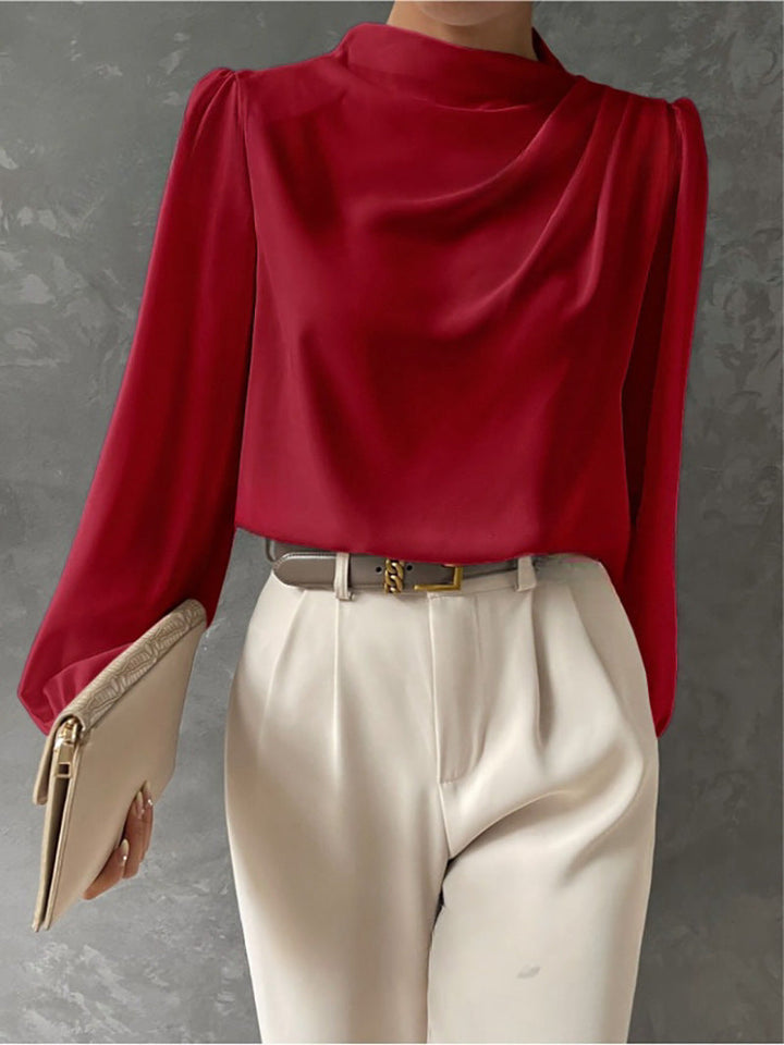 Draped Cowl Neck Blouse Blouson Sleeves Red 1
