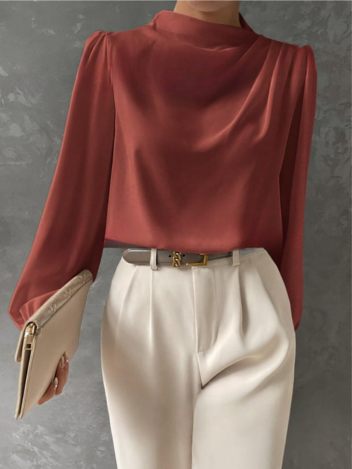 Draped Cowl Neck Blouse Blouson Sleeves Rust 1