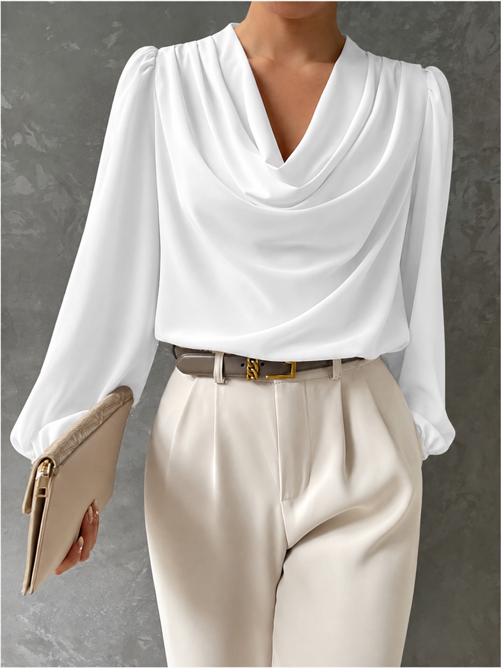 Draped Cowl Neck Blouse Blouson Sleeves White 1