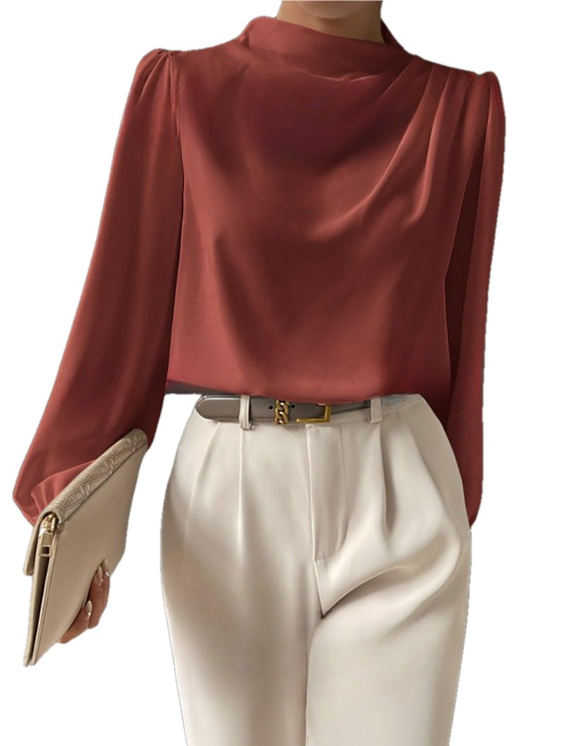Draped Cowl Neck Blouse Blouson Sleeves on white