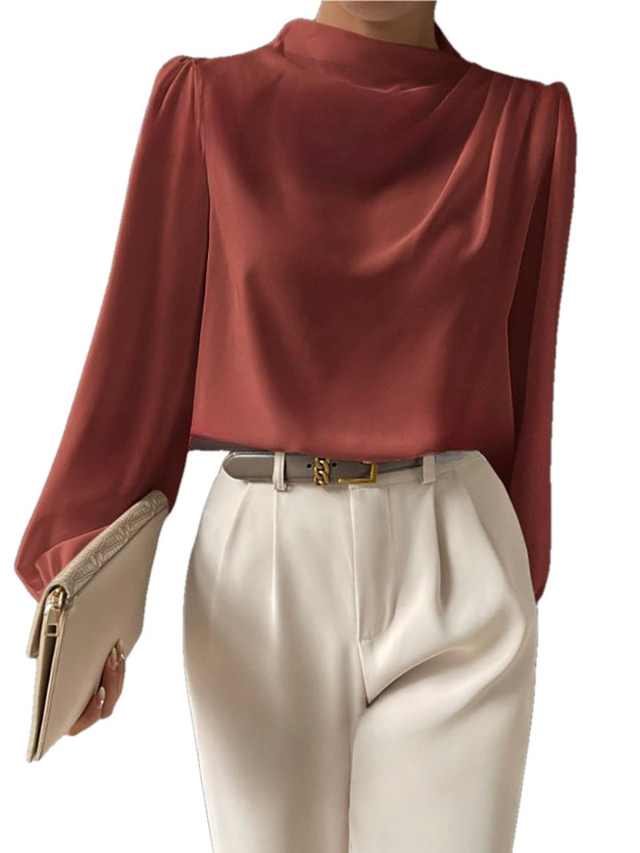 Draped Cowl Neck Blouse Blouson Sleeves on white