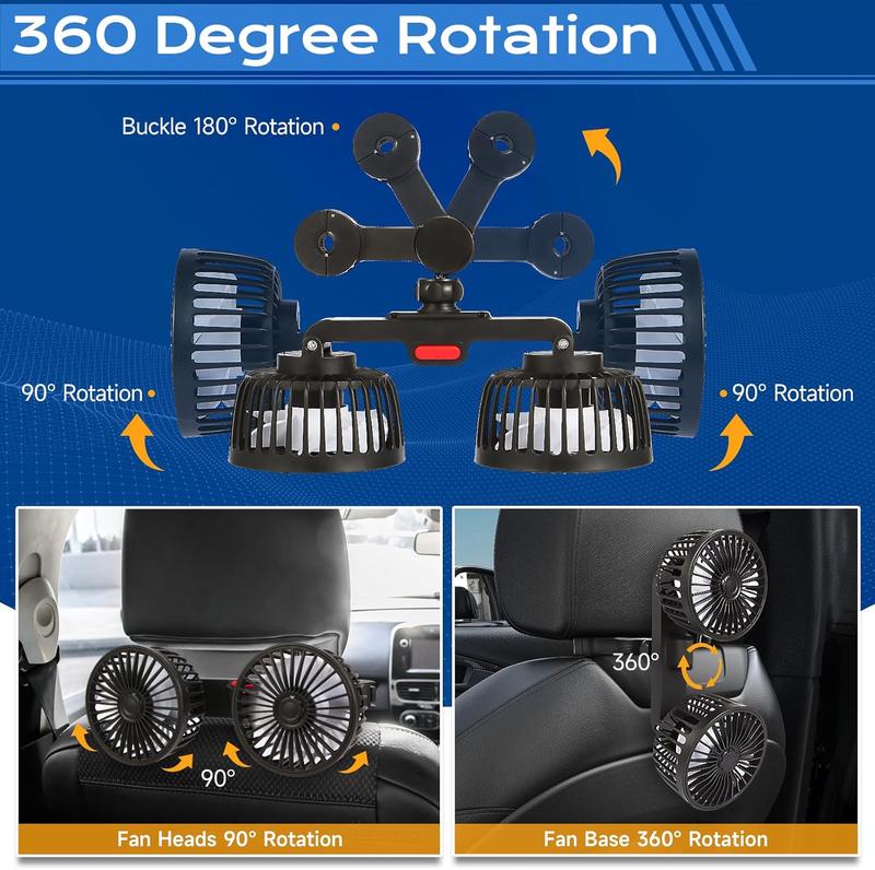Dual Head Car Backseat Fan USB Powered 3 Speed Set of 2 2