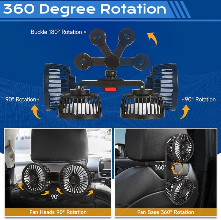 Dual Head Car Backseat Fan USB Powered 3 Speed Set of 2 2