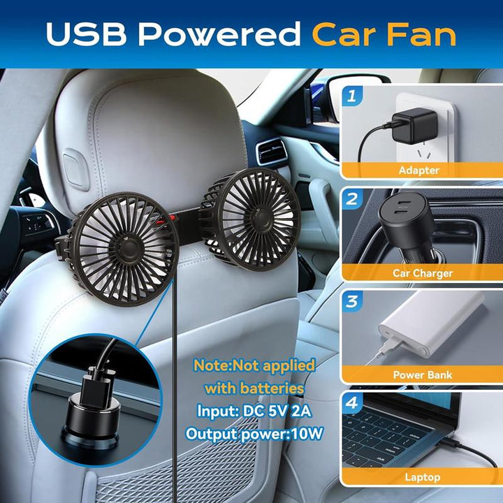 Dual Head Car Backseat Fan USB Powered 3 Speed Set of 2 5