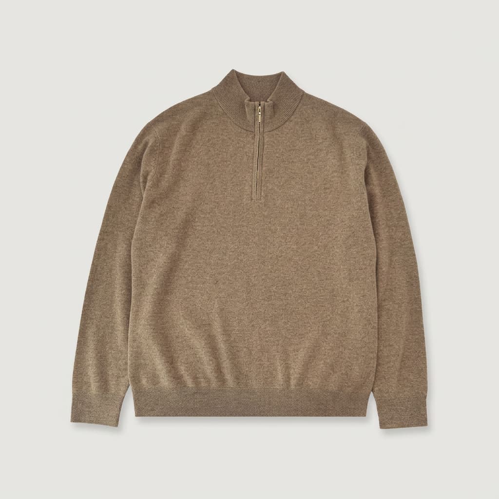 Fine Gauge Wool Blend Quarter Zip Sweater Camel 1