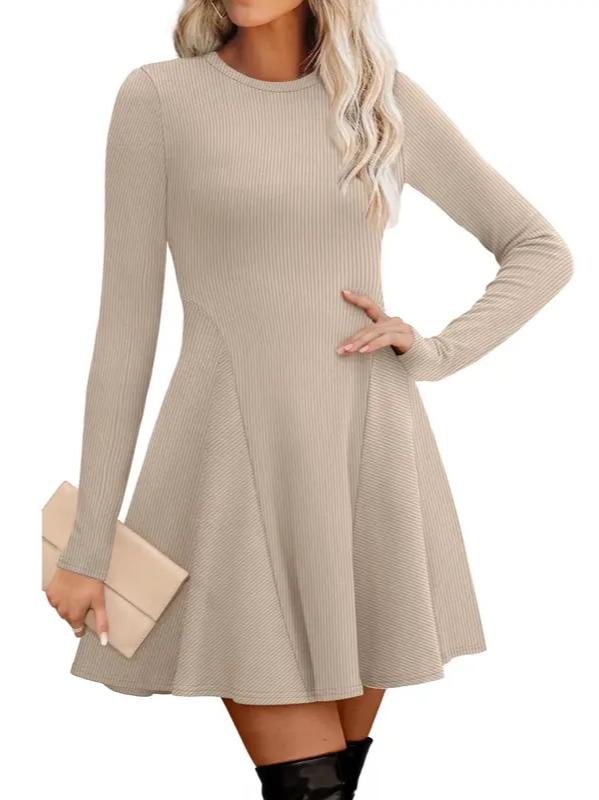 Fit and Flare Knit Sweater Dress Crew Neck Beige 1