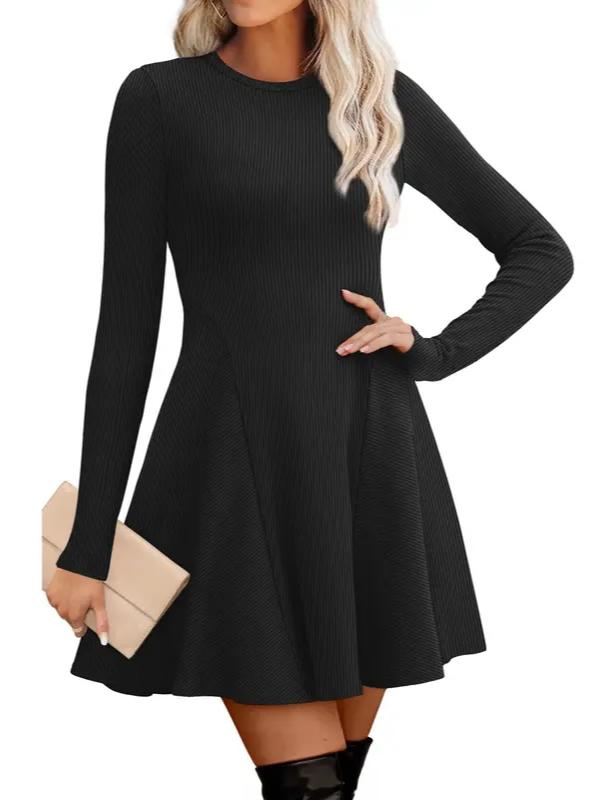 Fit and Flare Knit Sweater Dress Crew Neck Black 1