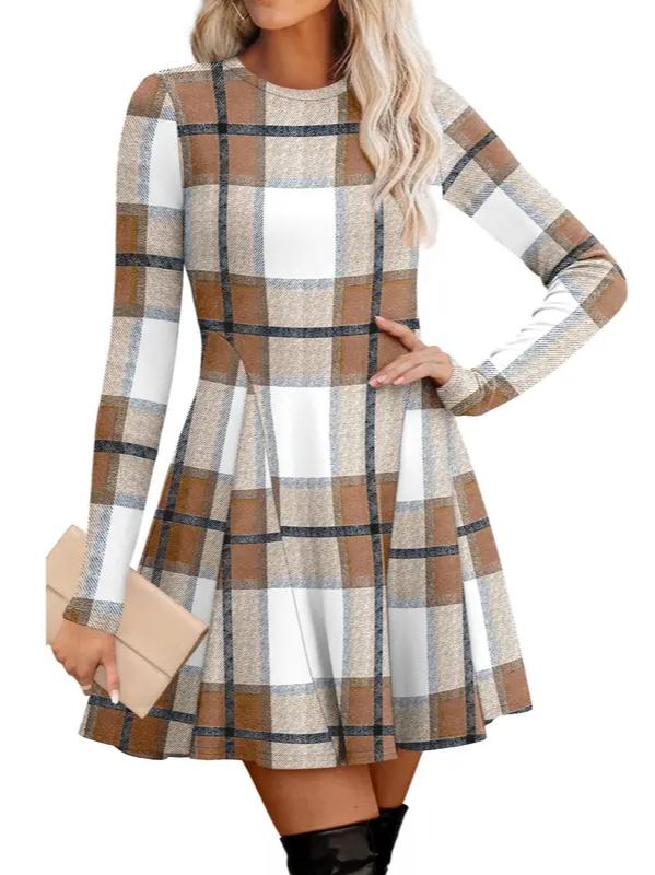 Fit and Flare Knit Sweater Dress Crew Neck Brown Plaid 1