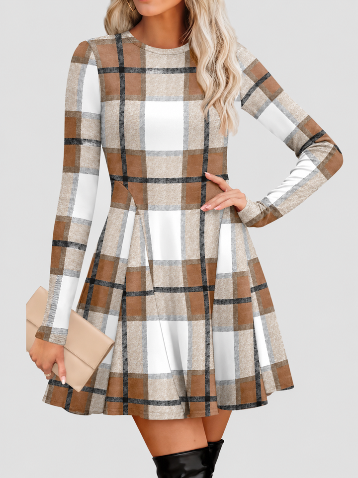 Fit and Flare Knit Sweater Dress Crew Neck Brown Plaid 2