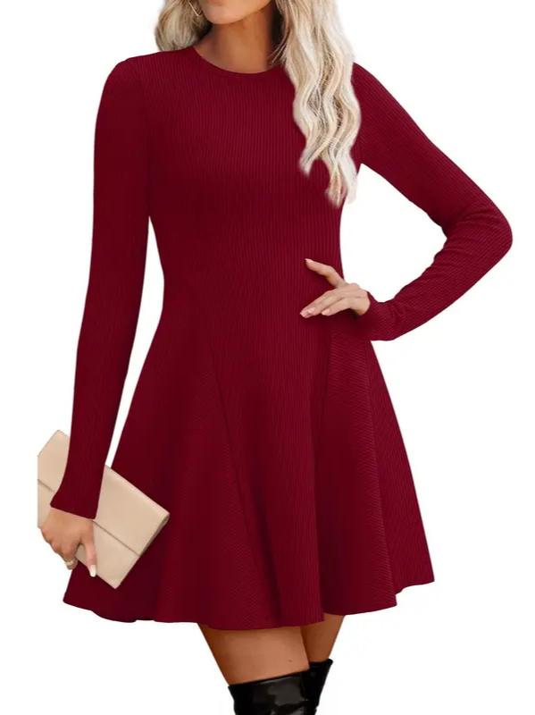 Fit and Flare Knit Sweater Dress Crew Neck Burgundy 1