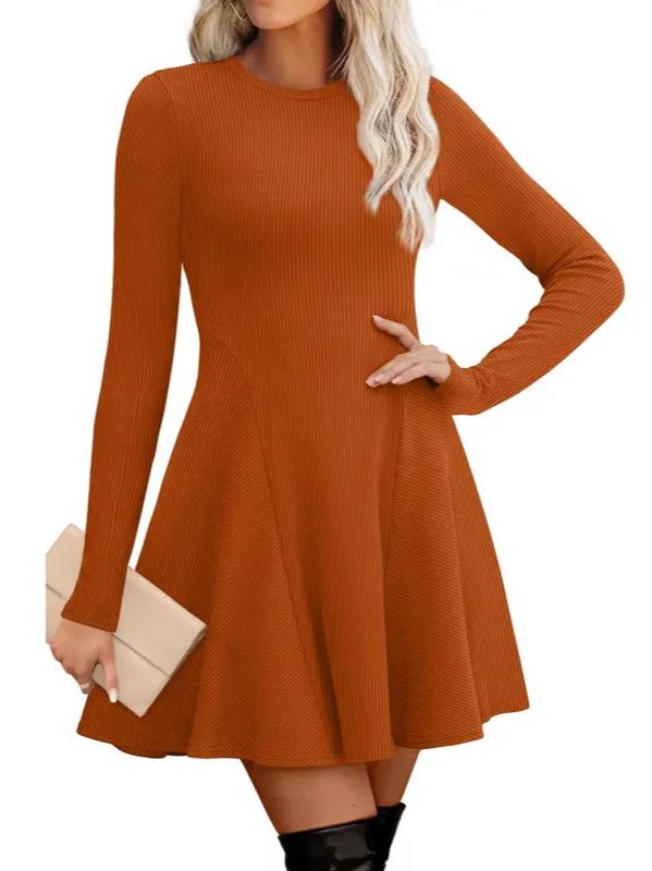 Fit and Flare Knit Sweater Dress Crew Neck Caramel 1