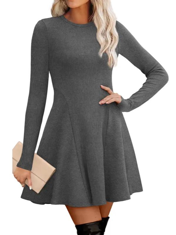 Fit and Flare Knit Sweater Dress Crew Neck Dark Gray 1