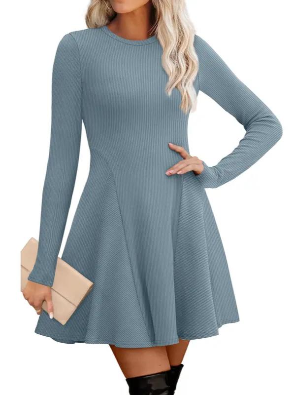 Fit and Flare Knit Sweater Dress Crew Neck Dusty Blue 1