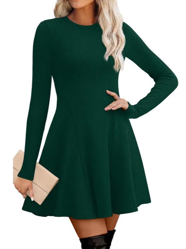 Fit and Flare Knit Sweater Dress Crew Neck Green 1