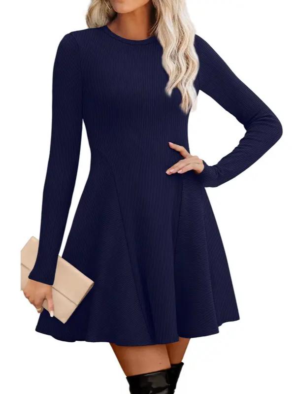 Fit and Flare Knit Sweater Dress Crew Neck Navy Blue 1