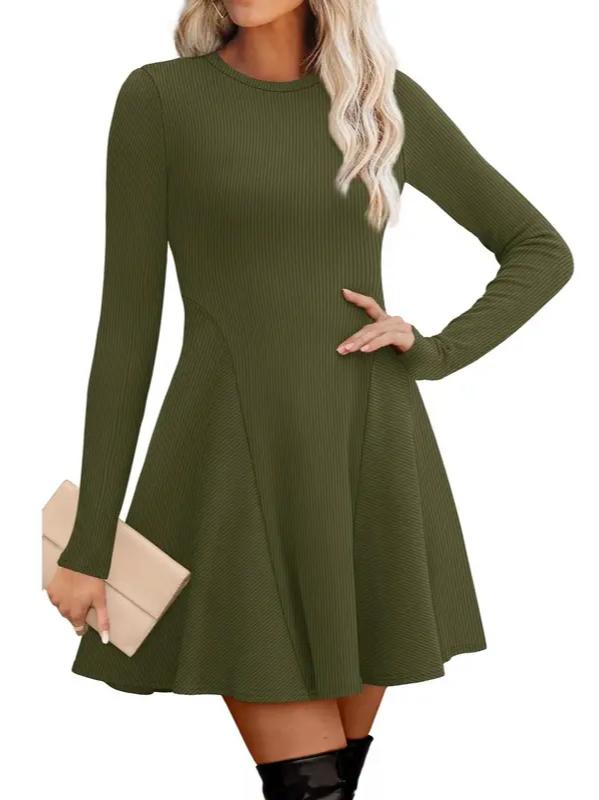 Fit and Flare Knit Sweater Dress Crew Neck Olive Green 1