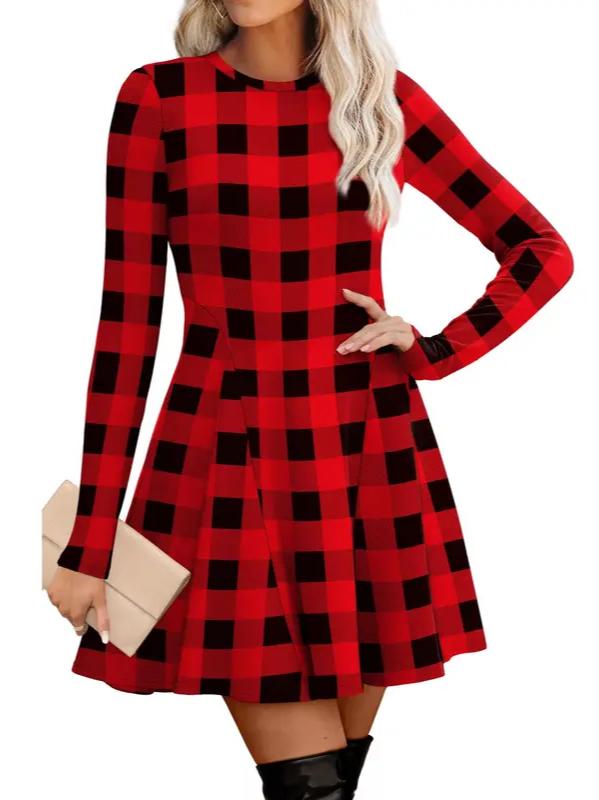 Fit and Flare Knit Sweater Dress Crew Neck Red Plaid 1