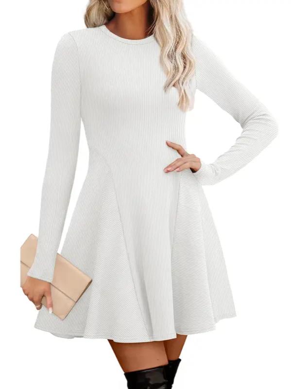 Fit and Flare Knit Sweater Dress Crew Neck White 1