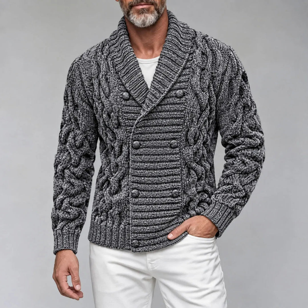 Fitted Cable Knit Double Breasted Shawl Collar Cardigan Dark Gray 1