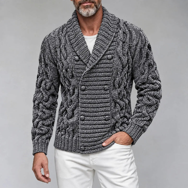 Fitted Cable Knit Double Breasted Shawl Collar Cardigan Dark Gray 1