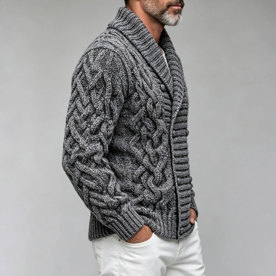 Fitted Cable Knit Double Breasted Shawl Collar Cardigan Dark Gray 2