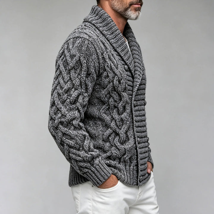 Fitted Cable Knit Double Breasted Shawl Collar Cardigan Dark Gray 2