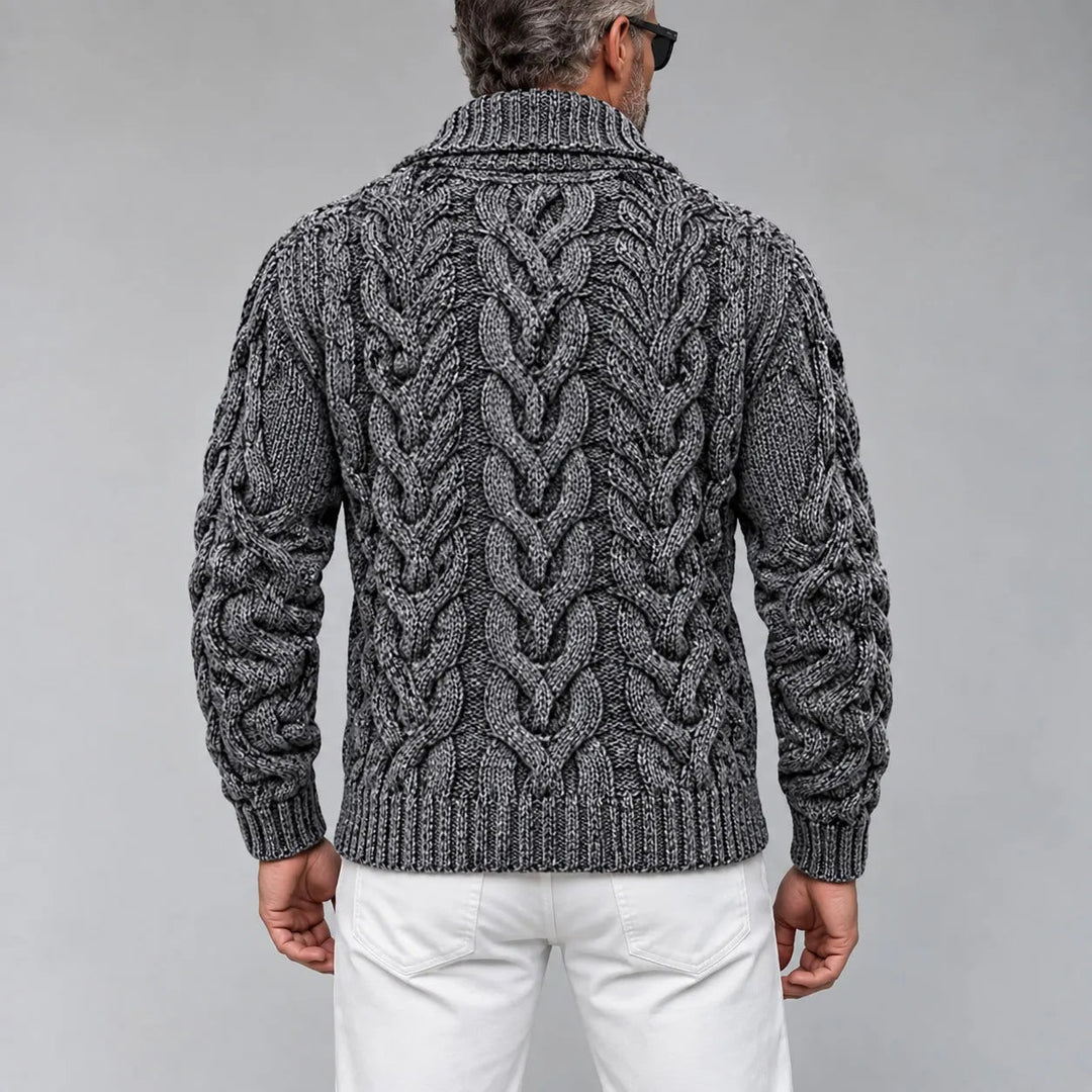 Fitted Cable Knit Double Breasted Shawl Collar Cardigan Dark Gray 3
