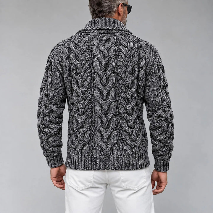 Fitted Cable Knit Double Breasted Shawl Collar Cardigan Dark Gray 3