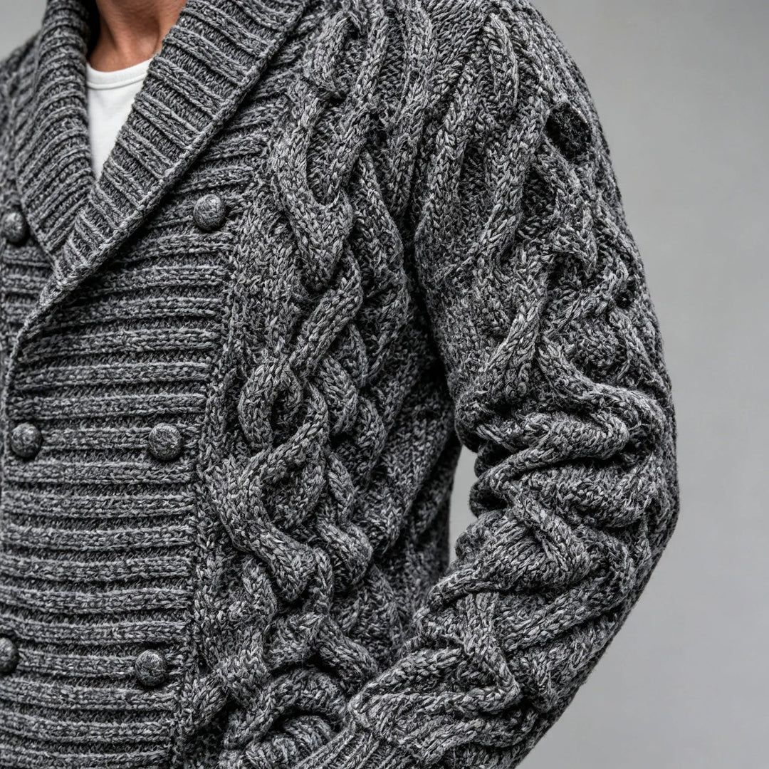 Fitted Cable Knit Double Breasted Shawl Collar Cardigan Dark Gray 4