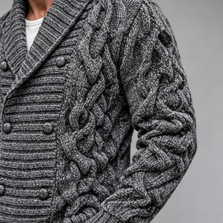 Fitted Cable Knit Double Breasted Shawl Collar Cardigan Dark Gray 4