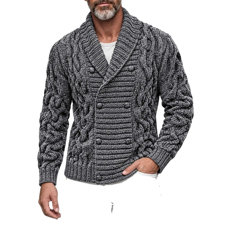 Fitted Cable Knit Double Breasted Shawl Collar Cardigan on white
