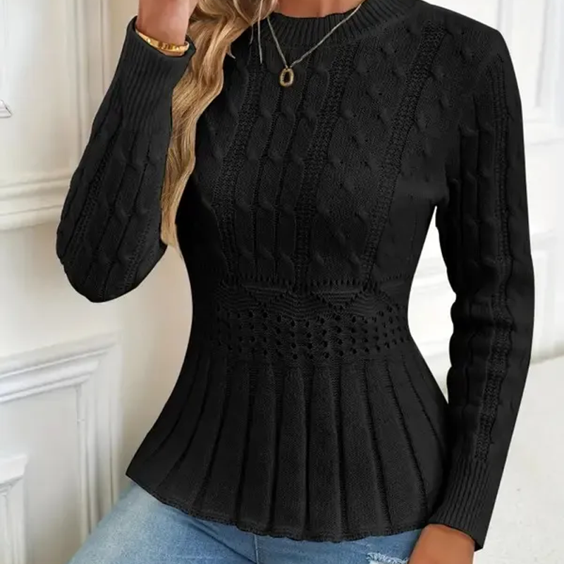Fitted Cable Knit Peplum Sweater Crew Neck Black 1