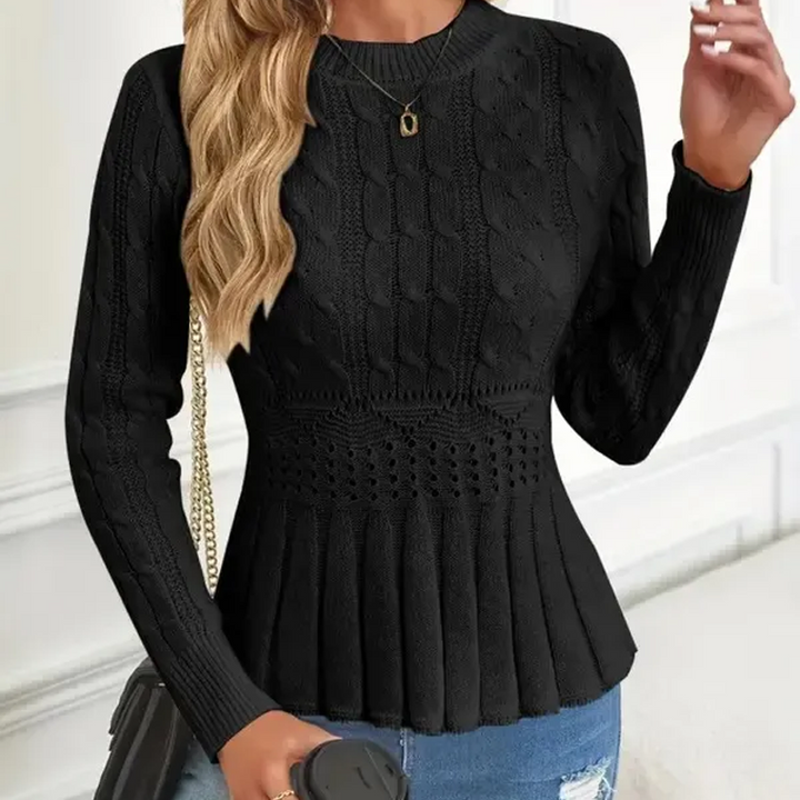 Fitted Cable Knit Peplum Sweater Crew Neck Black 2