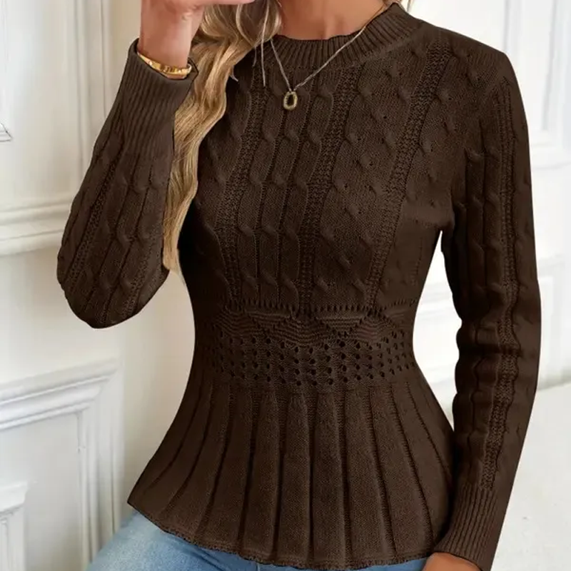 Fitted Cable Knit Peplum Sweater Crew Neck Brown 1