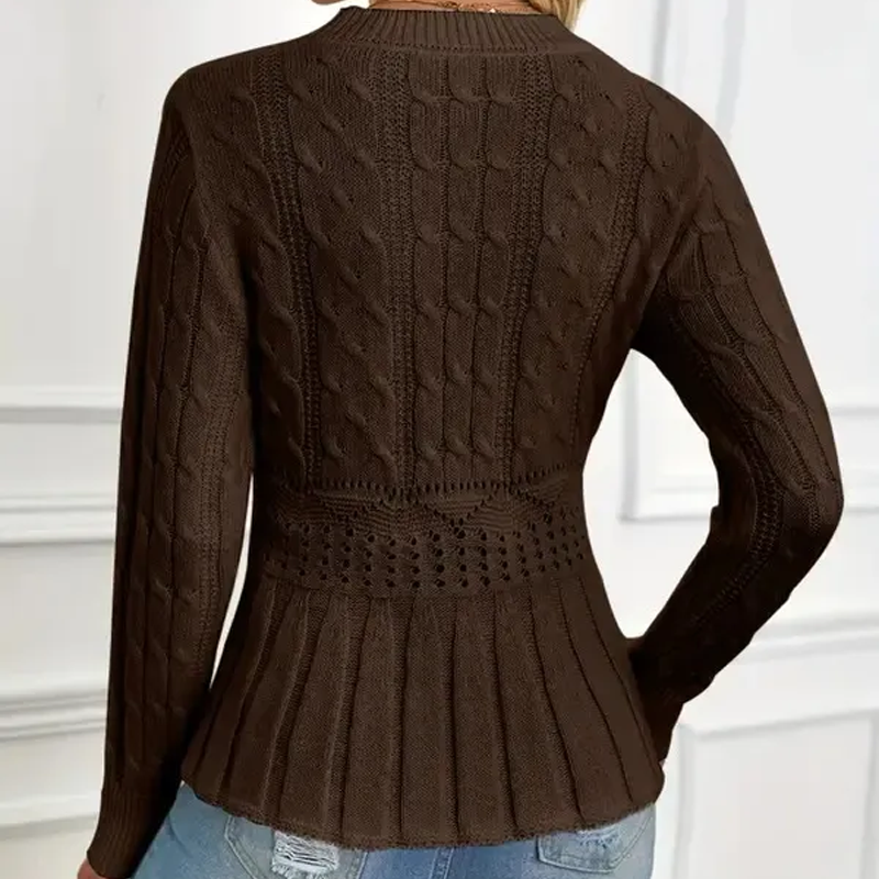 Fitted Cable Knit Peplum Sweater Crew Neck Brown 2