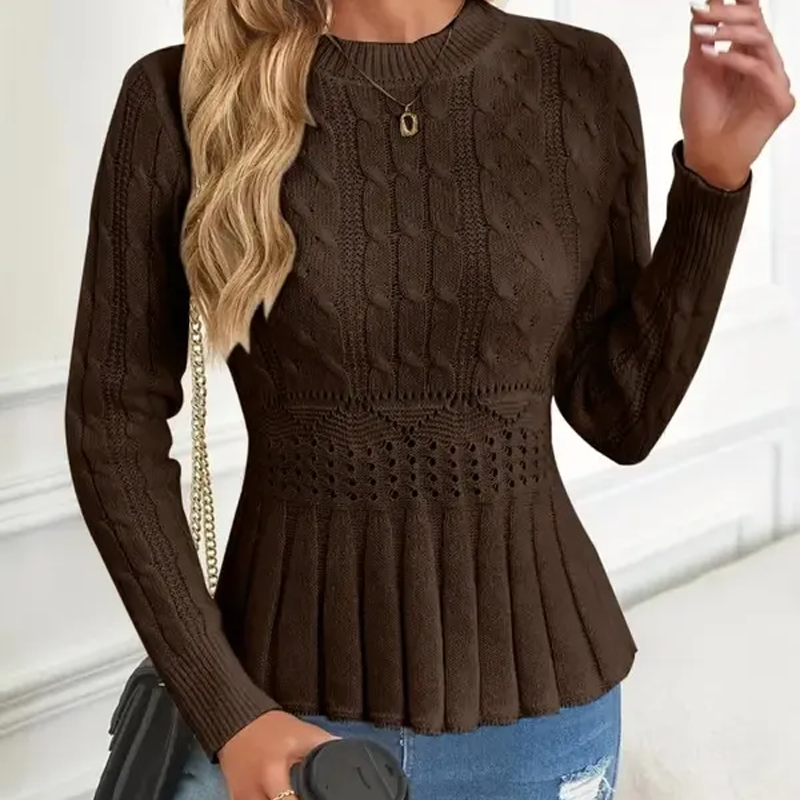 Fitted Cable Knit Peplum Sweater Crew Neck Brown 3