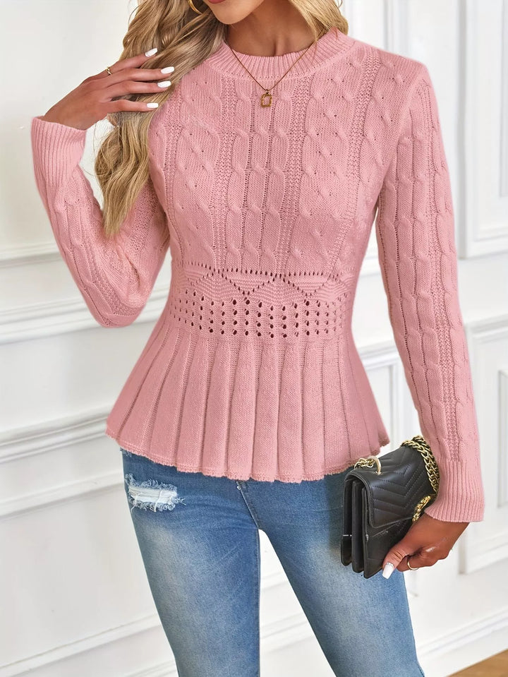 Fitted Cable Knit Peplum Sweater Crew Neck Pink 2