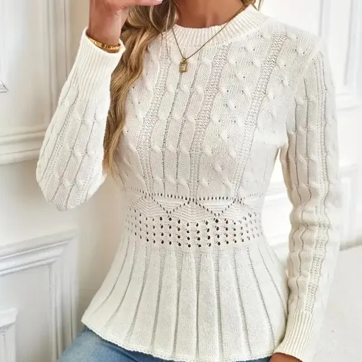 Fitted Cable Knit Peplum Sweater Crew Neck White 1
