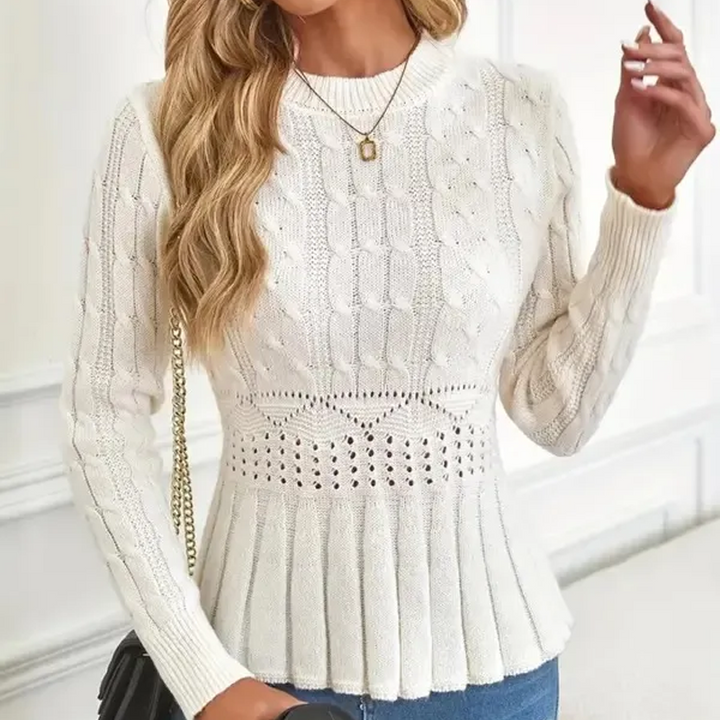 Fitted Cable Knit Peplum Sweater Crew Neck White 2