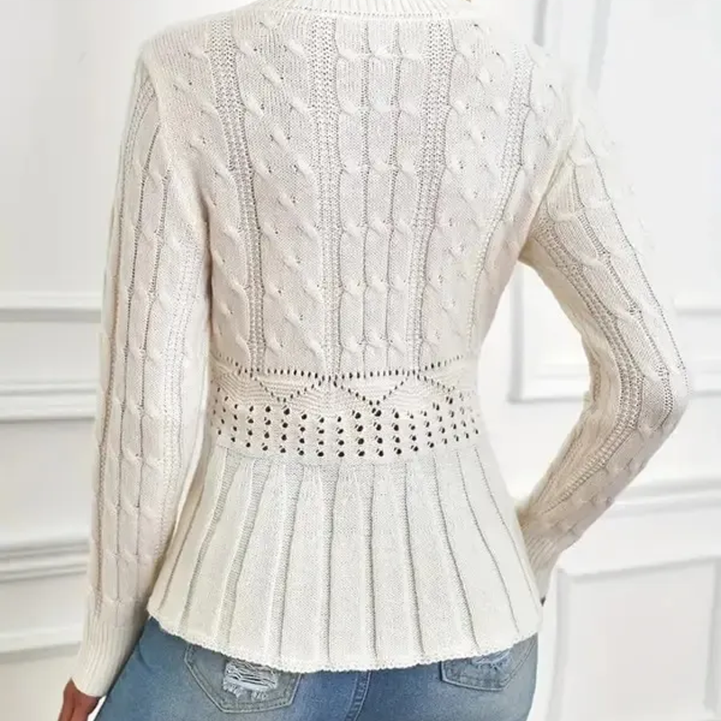 Fitted Cable Knit Peplum Sweater Crew Neck White 3